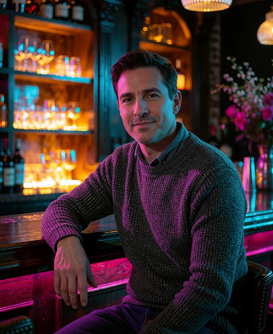 Man in a charcoal knit sweater seated at a dark wood bar counter in River North, Chicago