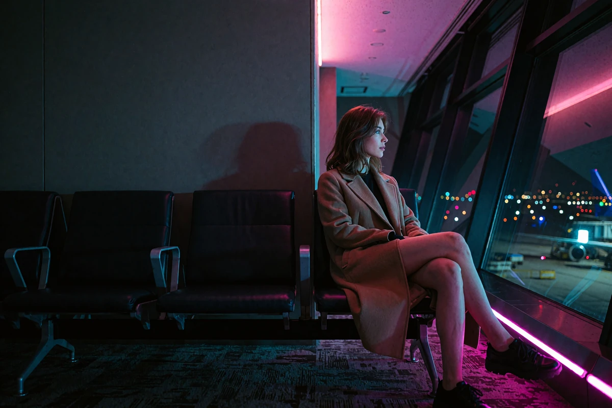 Young woman in a camel coat seated in a first-class airport lounge looking out over a dark runway at night