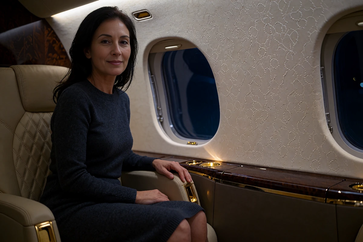 Graceful woman in a charcoal knit dress seated by the window of a private jet cabin at night