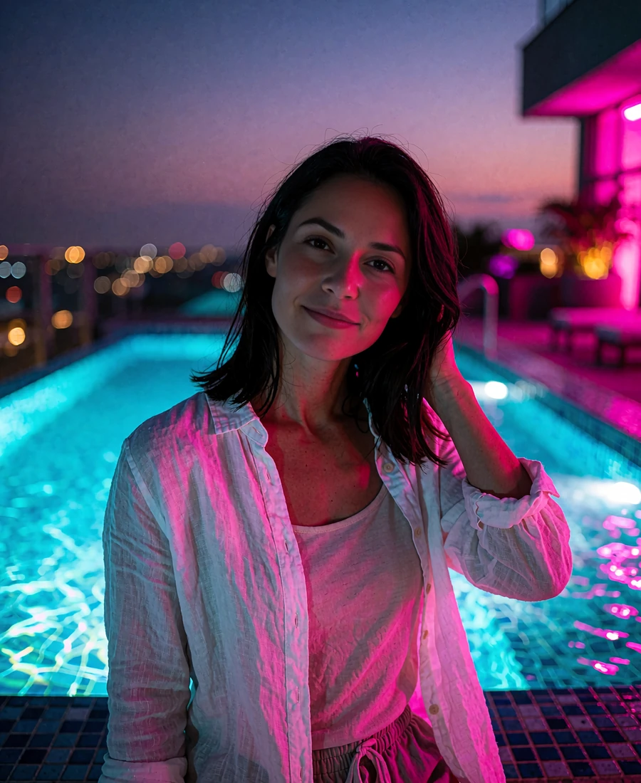 Woman with straight dark hair in a linen top standing beside a hotel rooftop pool at dusk