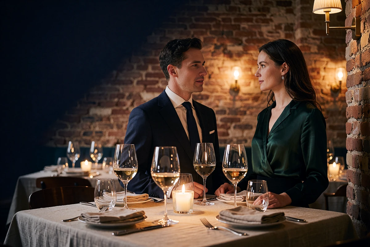 Couple in conversation at a candlelit corner table of an upscale brick-walled Boston restaurant