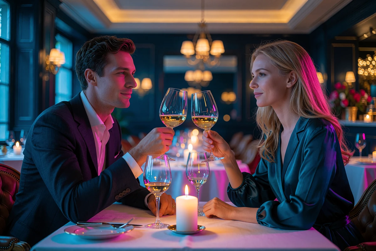 Well-dressed couple raising wine glasses across a candlelit table in an upscale Las Vegas restaurant