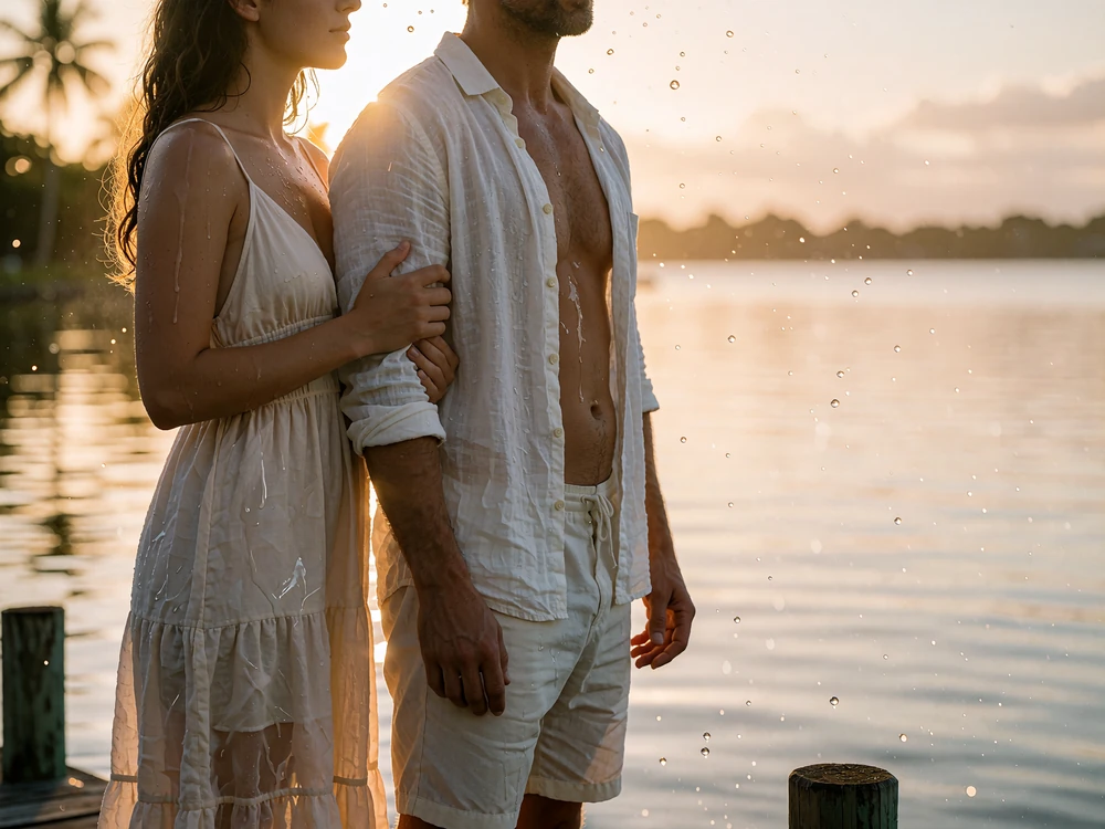 Couple standing together on a wooden lake dock at sunset near Orlando, illustrating a sugar dating arrangement