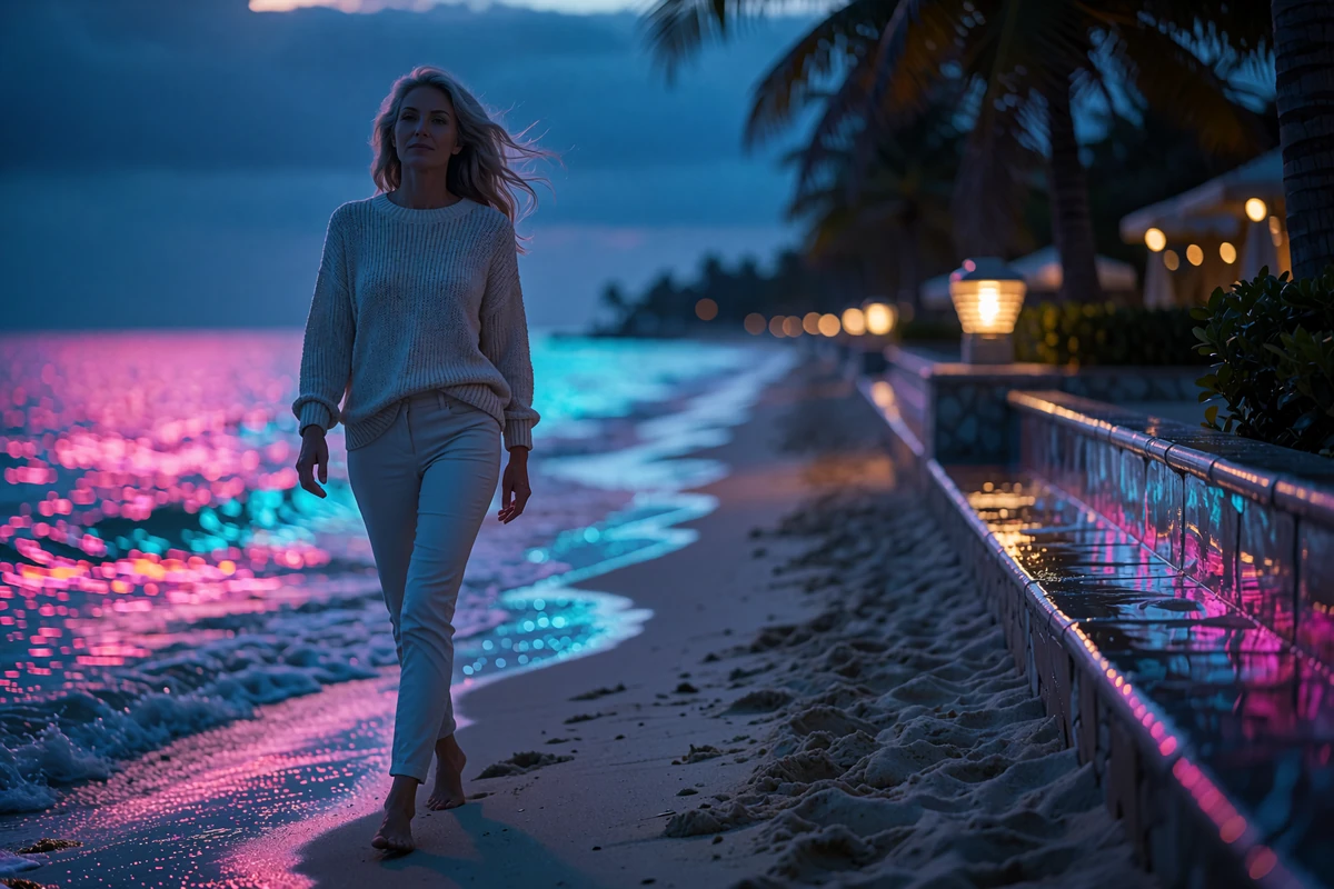 Elegant woman walking along an oceanfront promenade at dusk in Los Angeles
