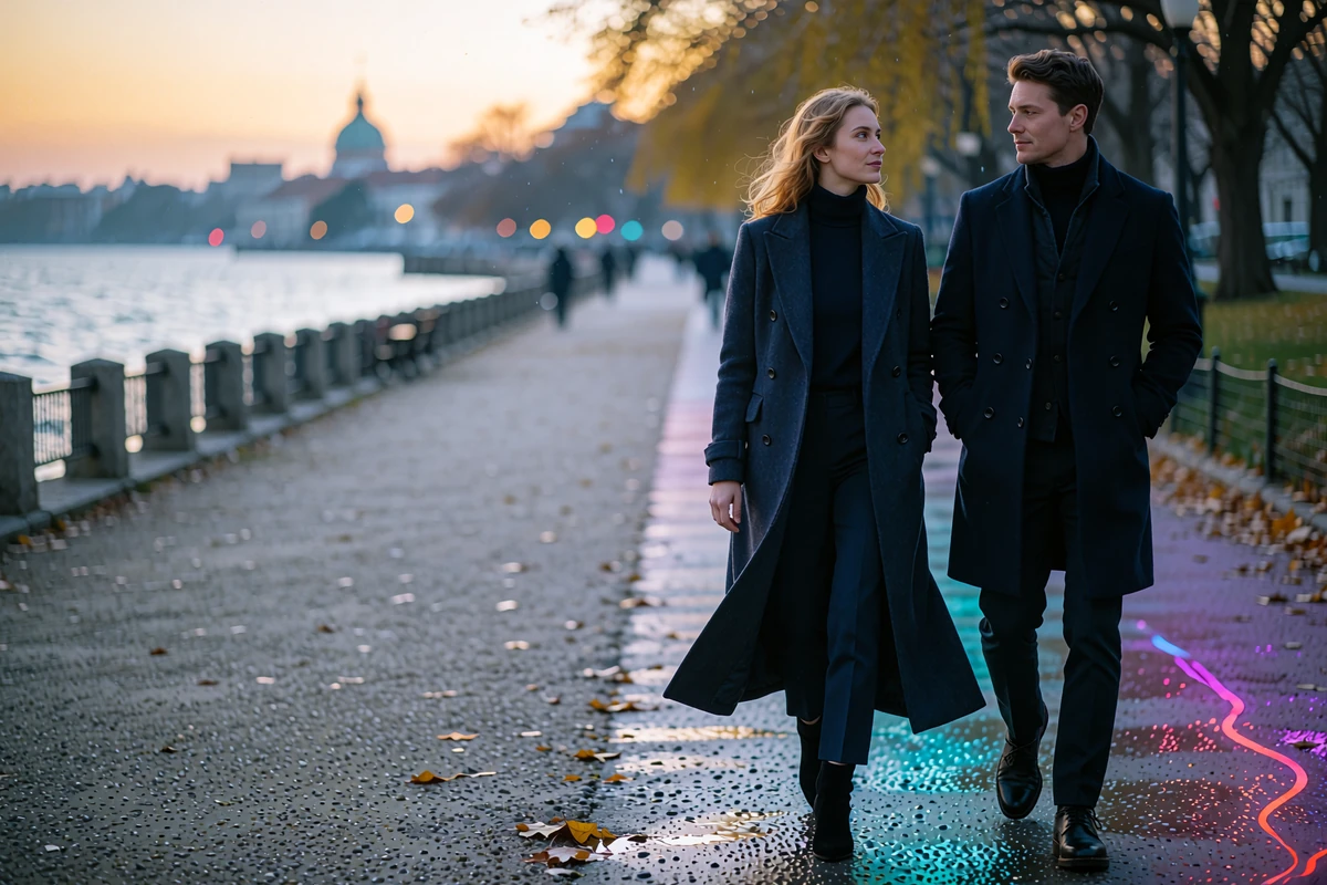 Couple in tailored coats walking side by side along a Chicago lakefront path in early morning light
