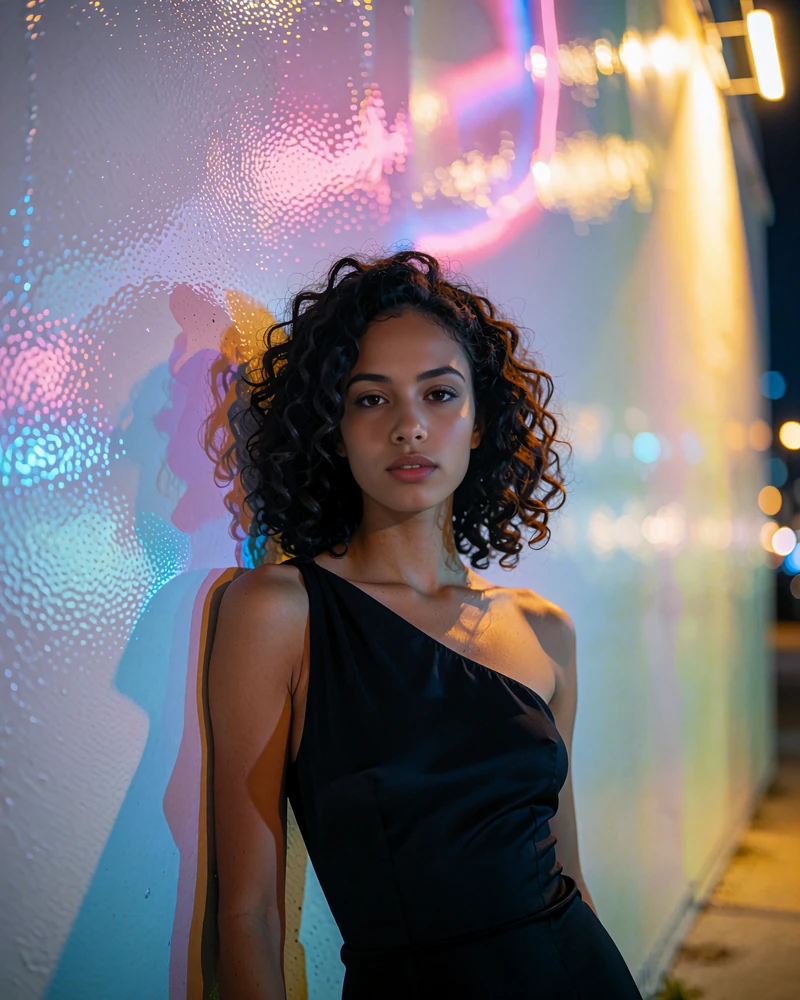 Young woman with dark curls in a slim black dress in a night-lit Miami Design District street