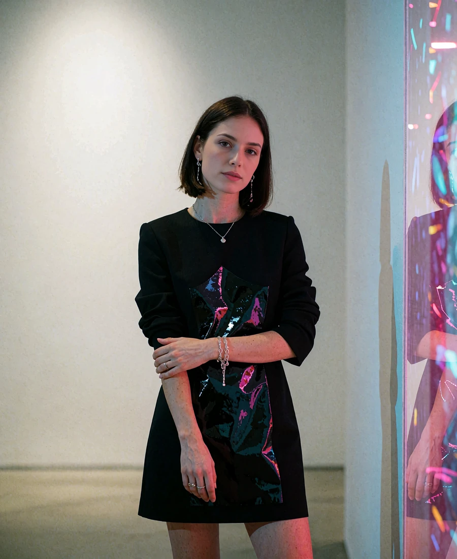 Elegant woman with a sleek dark bob wearing a black minidress at an evening gallery opening in Seattle