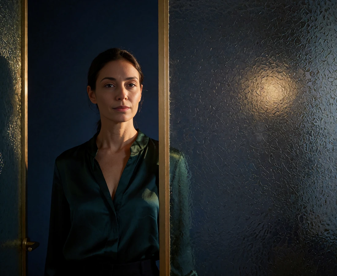 Confident woman in an emerald satin blouse standing beside a smoked-glass partition, representing a separate burner dating profile