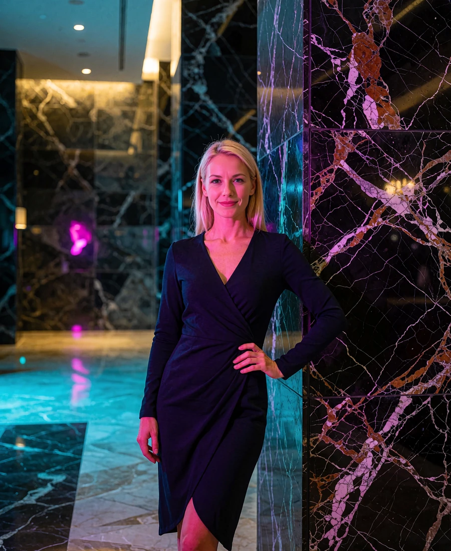 Woman with sleek blonde hair in a navy wrap dress standing beside a marble column in a Denver hotel lobby