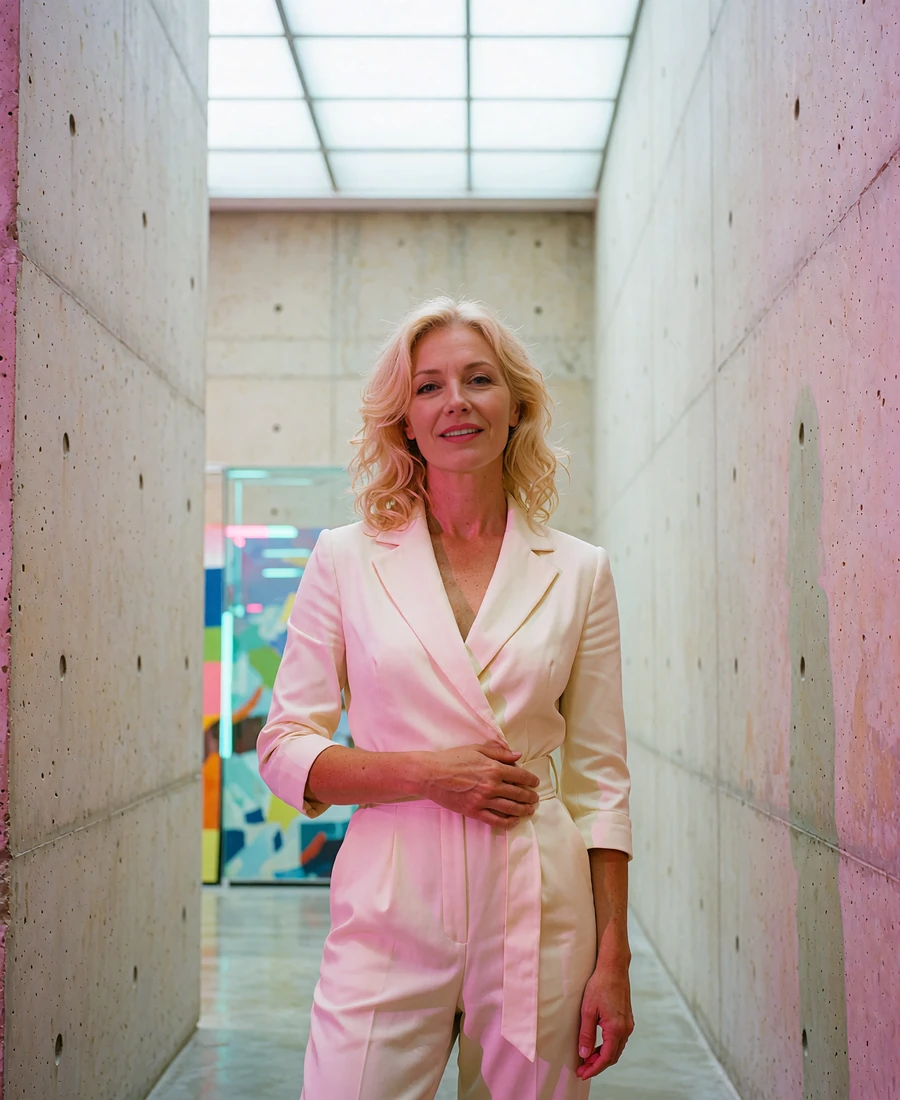 Woman in a cream tailored jumpsuit standing in a minimal art gallery in the Dallas Design District