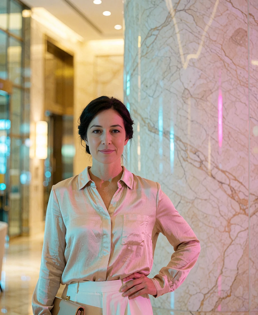 Woman in a blush silk blouse standing in a spacious upscale Orlando resort lobby