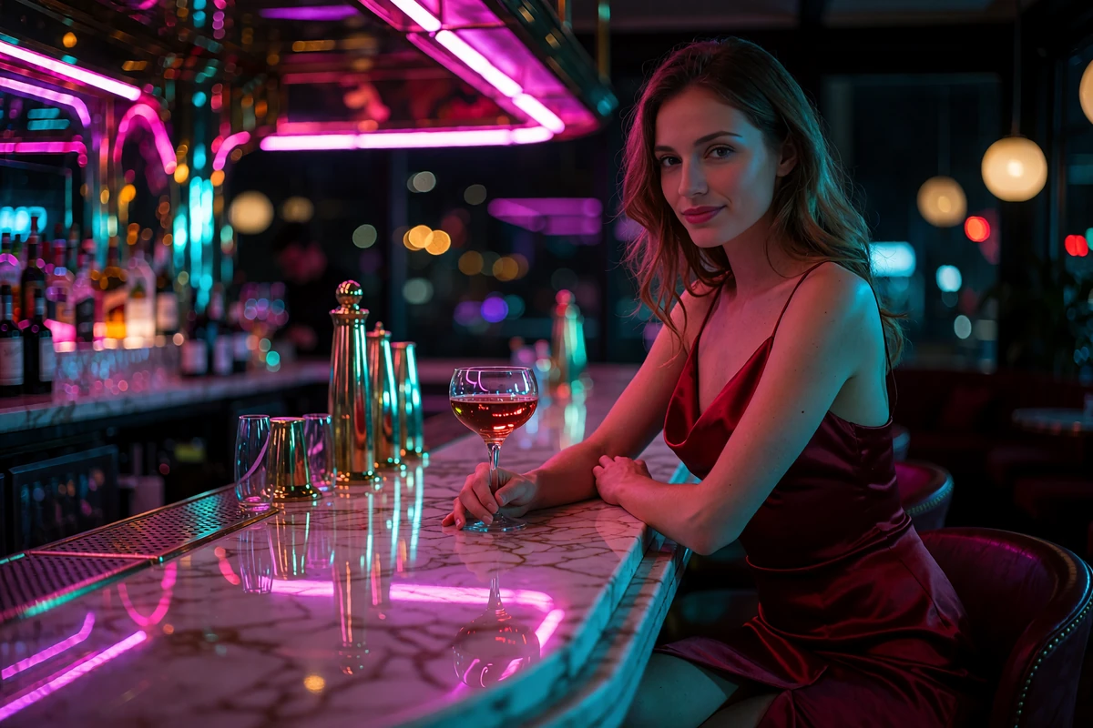 Woman in a deep-red satin dress at a marble cocktail bar in the Gaslamp Quarter, San Diego
