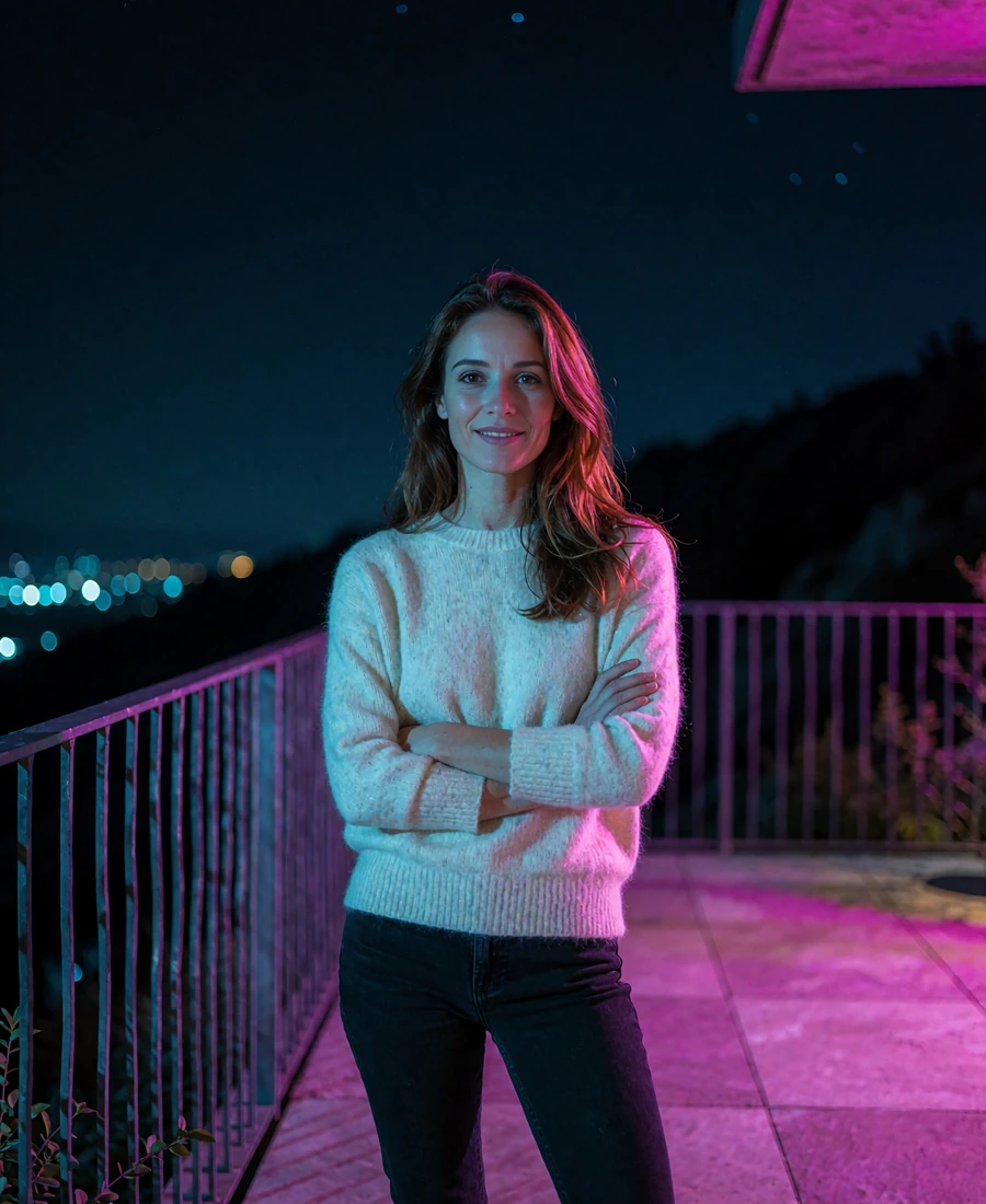 Woman with long chestnut hair in a cream sweater standing on a modern mountain-view terrace in Denver at night