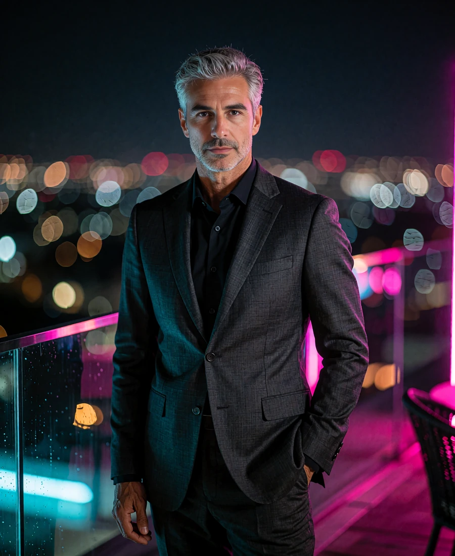 Distinguished man in a charcoal suit at a rooftop lounge rail overlooking the San Diego skyline at night