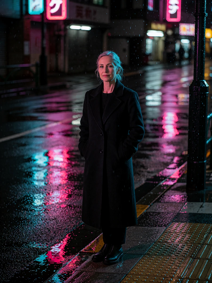 Woman in a long black wool coat standing on a rain-wet city sidewalk at night with blurred neon signage