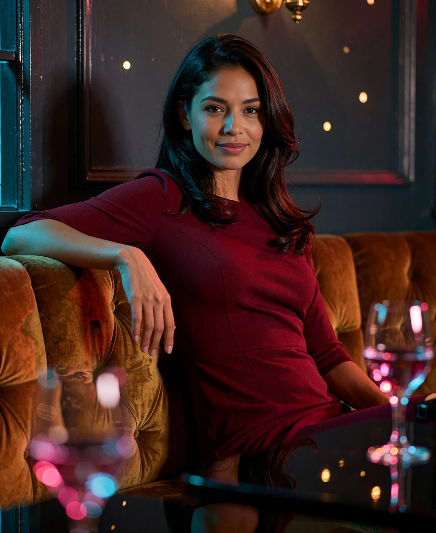 Woman in a wine-red dress seated on a velvet banquette in an upscale Uptown Dallas lounge