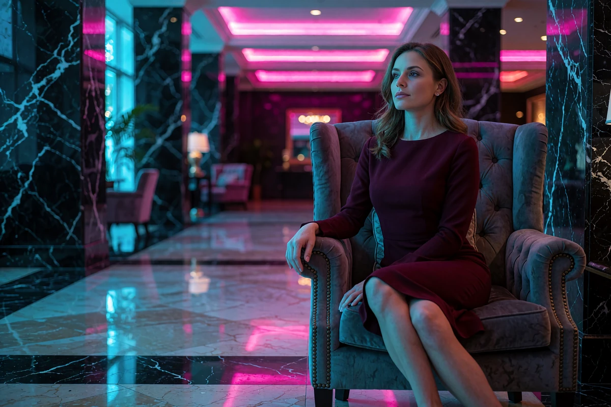 Woman in a burgundy dress seated in an armchair in a grand Chicago hotel lounge at night