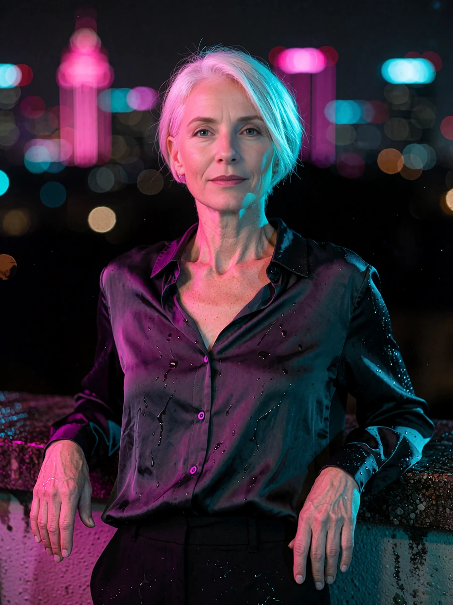 Striking mature woman with a silver-blonde crop standing on a night terrace above a glowing skyline