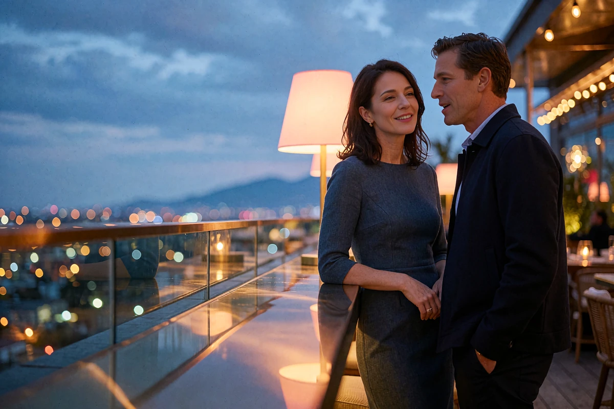 Couple at a rooftop bar rail in Denver at blue hour with city lights and a faint mountain silhouette behind them