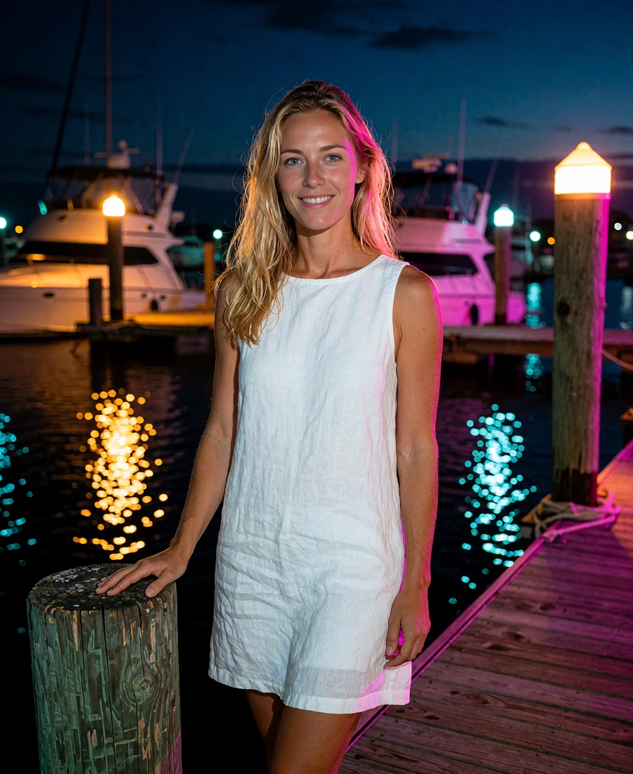 Woman in a white linen dress standing on a marina dock at dusk in San Diego