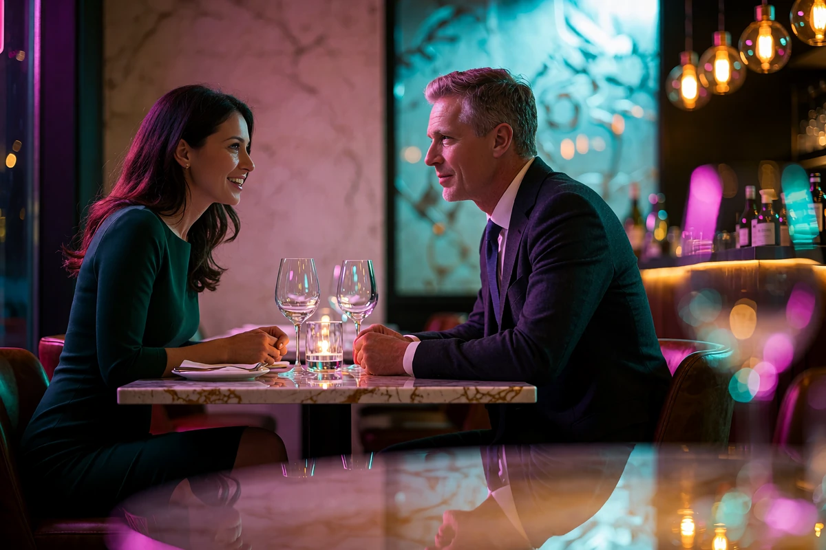 Couple in conversation at a candlelit table in an upscale Seattle restaurant