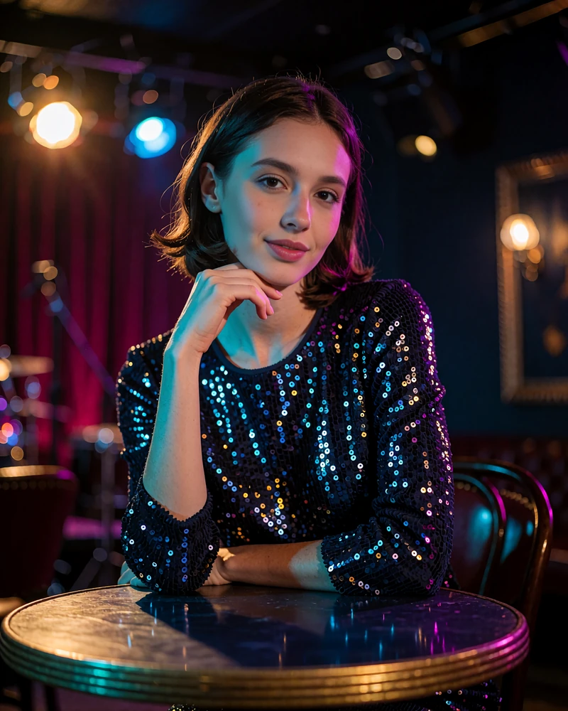Woman with dark bobbed hair in a sequined navy top seated at a table in a dim Chicago jazz lounge
