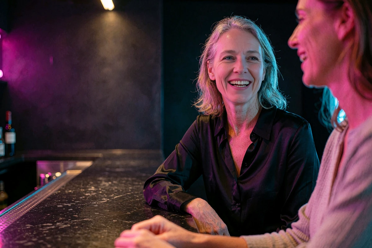 Confident woman in a black silk blouse laughing mid-conversation at a dark wine bar counter at night