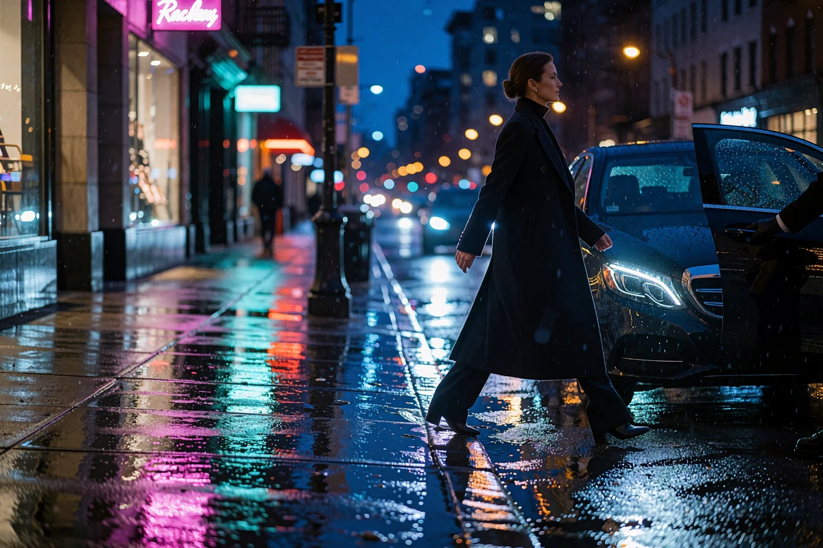 Elegant woman in a long dark coat stepping toward a waiting black sedan on a rain-slicked New York street at night