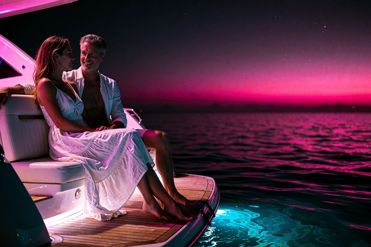 Couple relaxing together on the stern of a private yacht at dusk off the San Diego coast