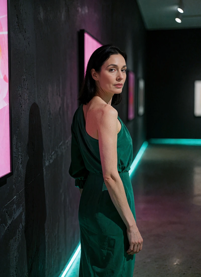 Elegant woman with sleek dark hair in an emerald one-shoulder dress in a minimal dark gallery corridor