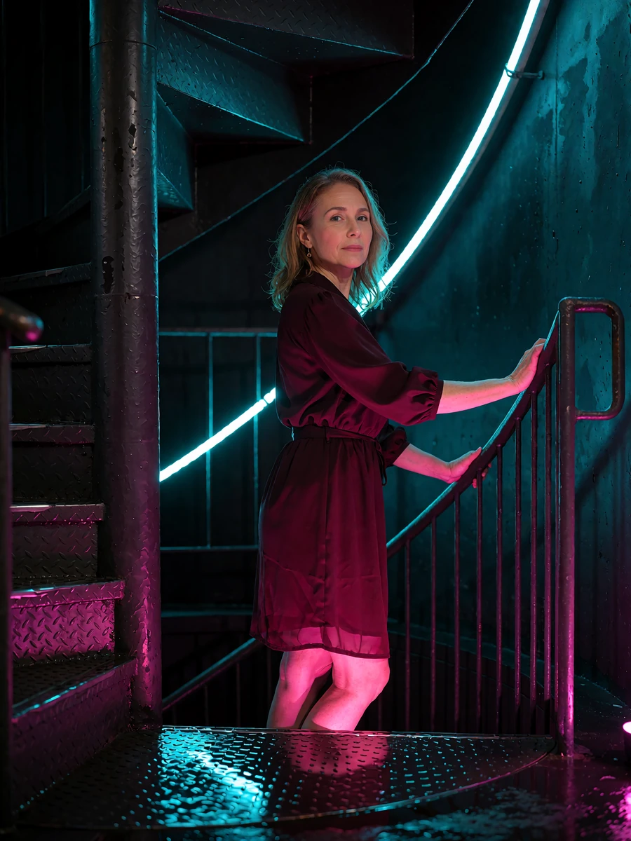 Elegant mature woman in a burgundy dress on a dark spiral staircase lit by cyan light
