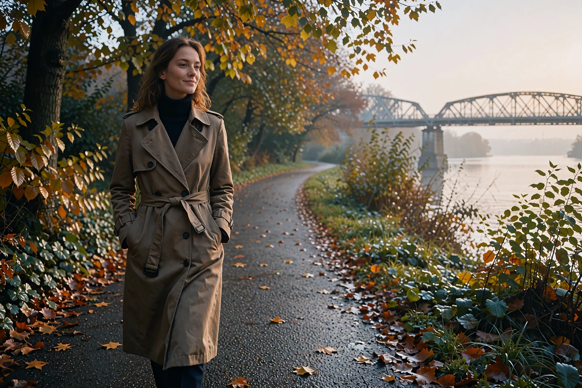 Woman in a belted taupe trench coat walking along a tree-lined riverside path on an overcast Portland afternoon