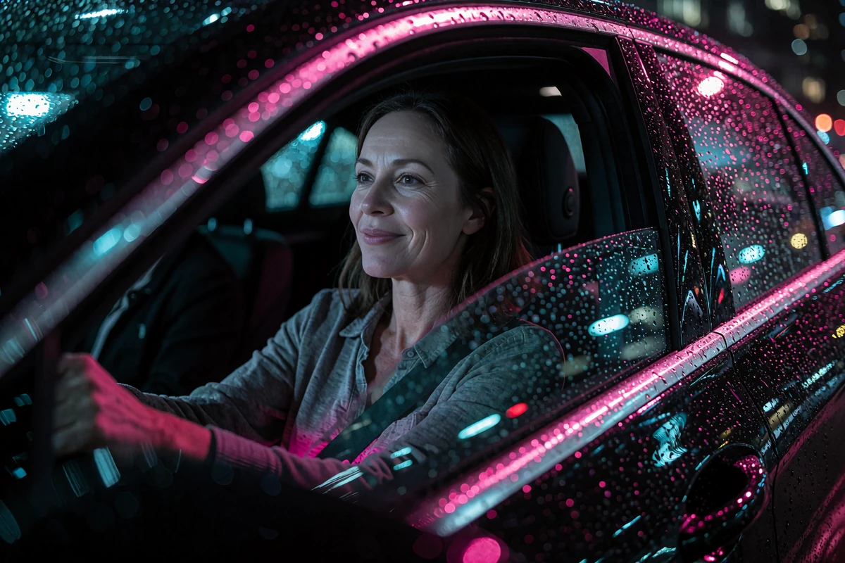 Mature woman smiling in the passenger seat of a car at night with city lights reflected in the window