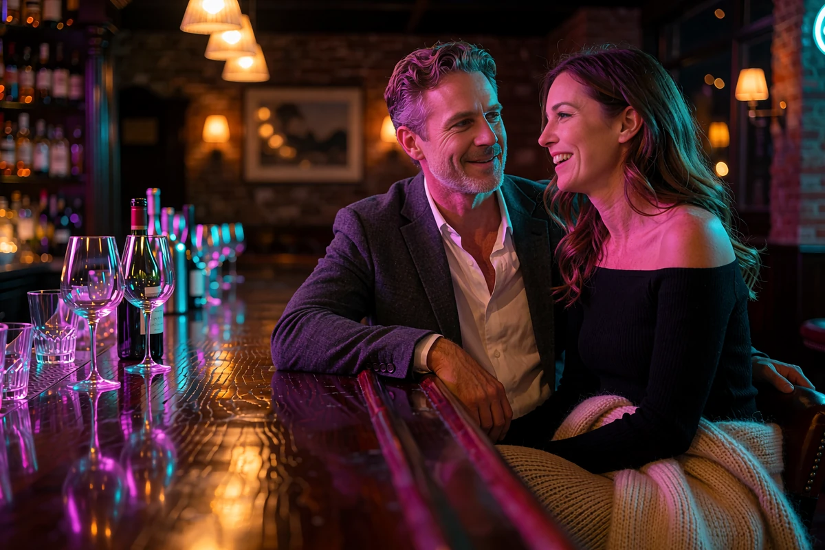 Couple laughing together at the corner of a dark wood bar in an upscale Denver wine bar at night