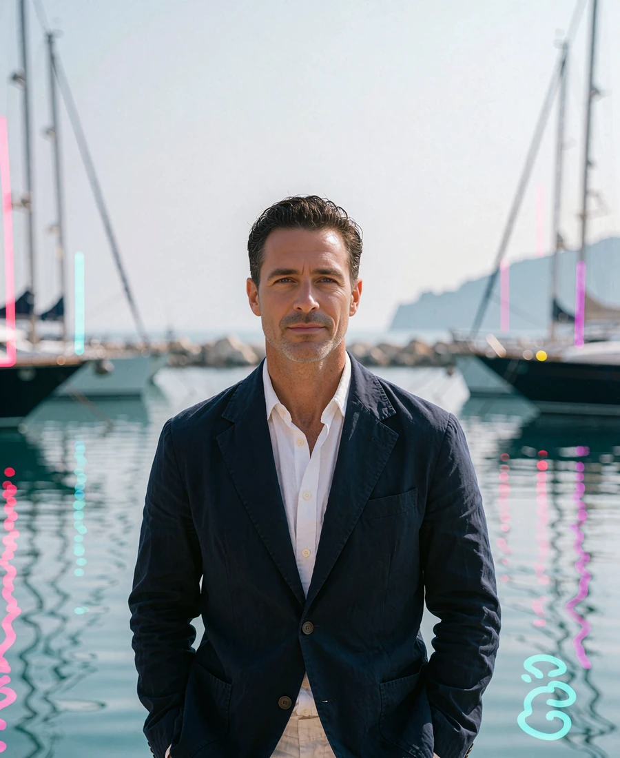 Confident man in a navy blazer standing on a San Diego harbor promenade with sailboat masts in the background
