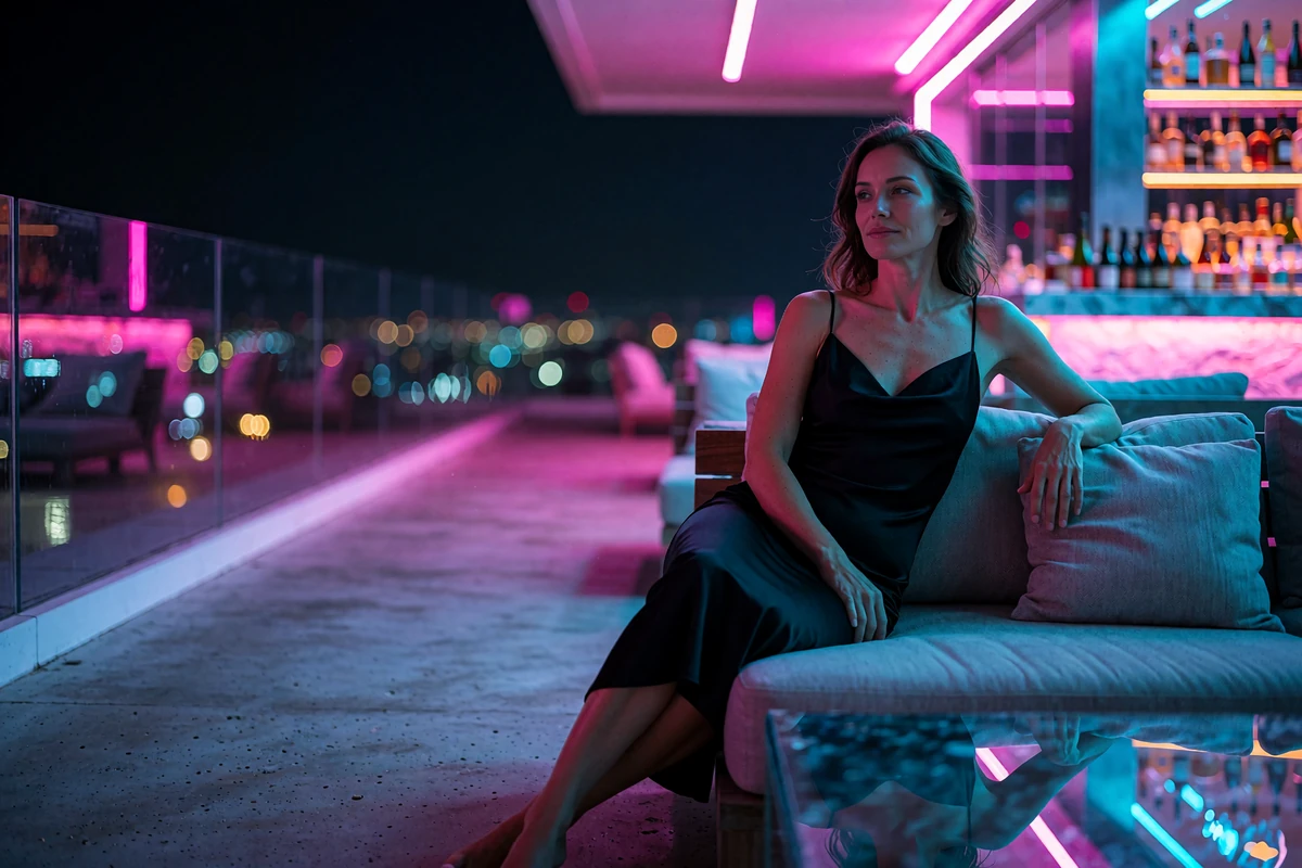 Woman in a black slip dress on a rooftop bar terrace lounge above the Seattle skyline at night