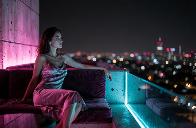 Woman relaxing on a velvet sofa in an open-air rooftop lounge overlooking a night skyline