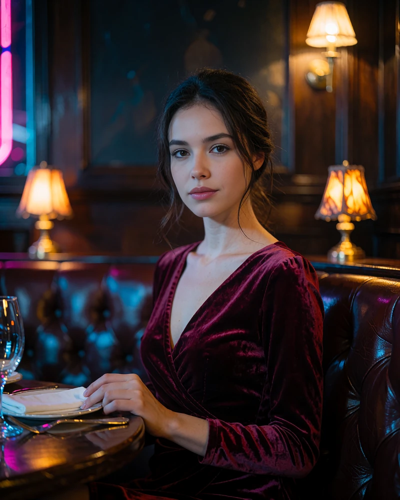 Young woman with dark hair in a burgundy velvet dress seated in a leather booth of a classic Chicago steakhouse