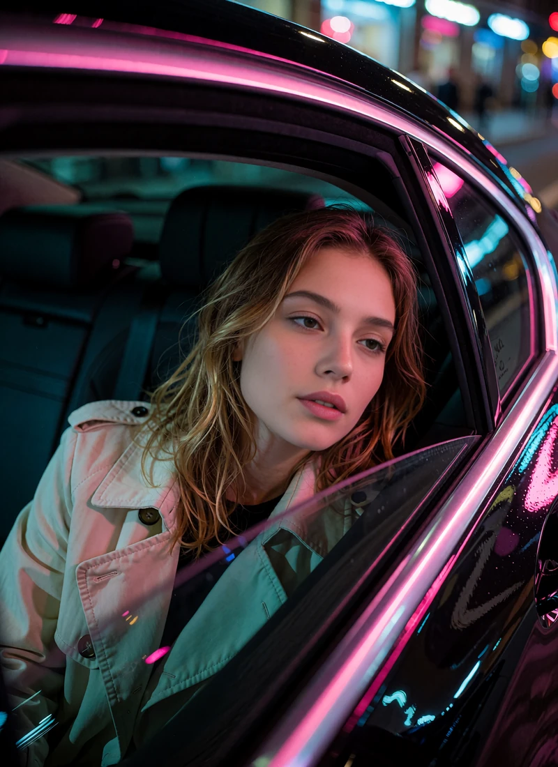 Young woman in a cream trench coat in the back seat of a luxury car with neon street reflections