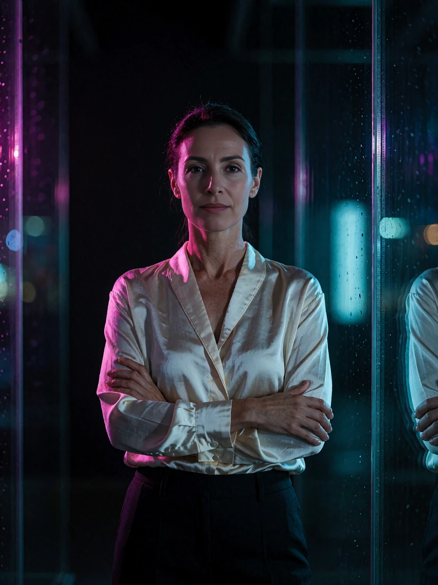 Confident woman in an ivory silk blouse standing in a glass corporate atrium at night with cyan reflections