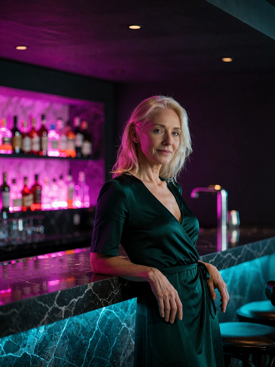 Blonde woman in an emerald wrap dress leaning on a dark stone bar counter under magenta light