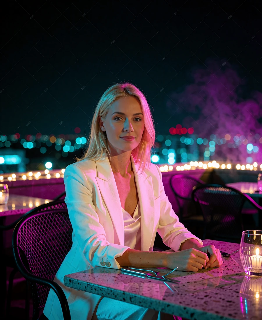 Woman in a cream blazer seated at a rooftop dining table above downtown San Diego