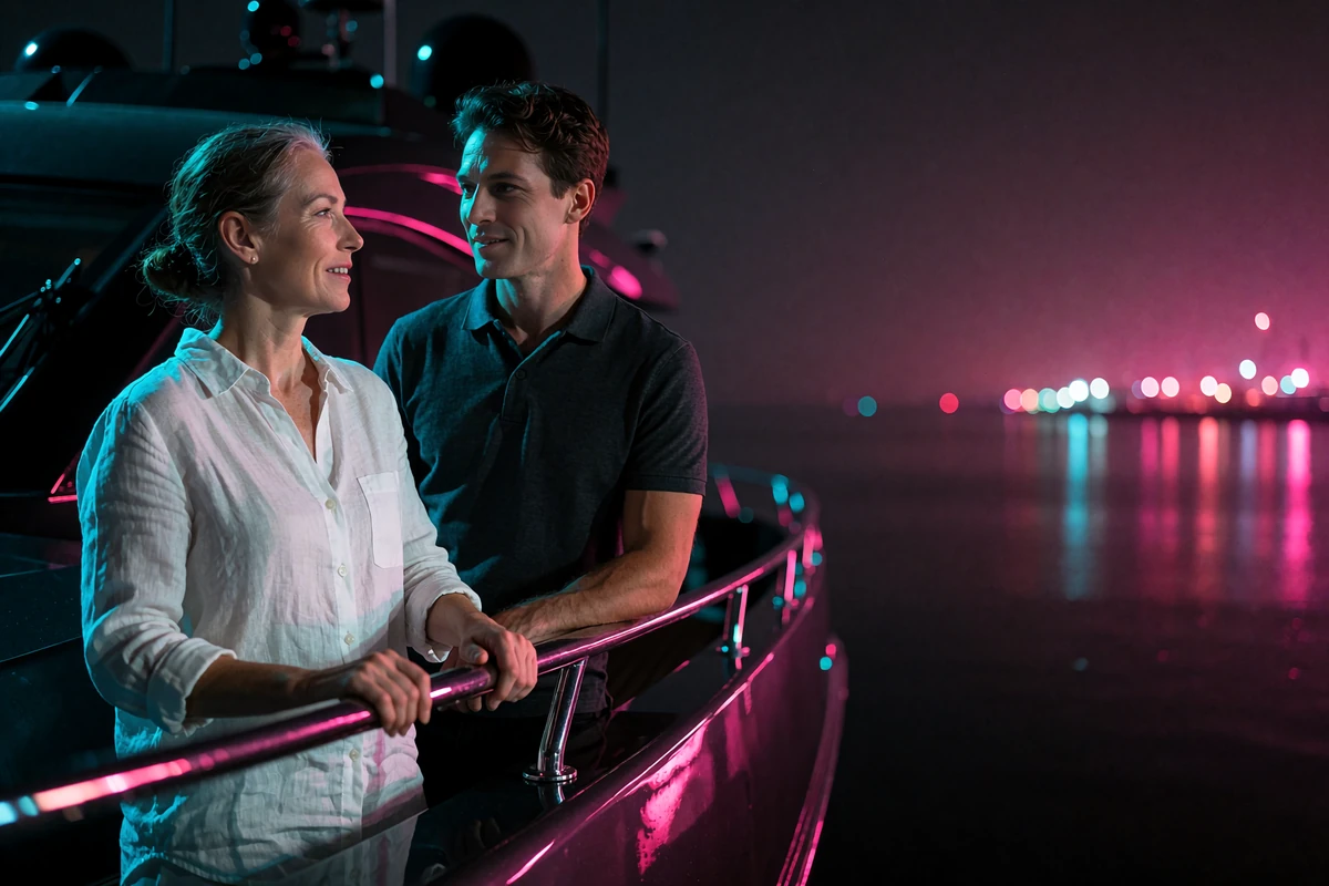 Woman in a white linen shirt and a younger man in a dark polo talking at the rail of a private yacht deck at night