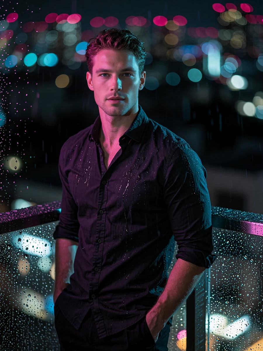 Fit young man in his twenties in a fitted dark shirt standing on a night terrace with a rain-wet railing and blurred skyline behind him