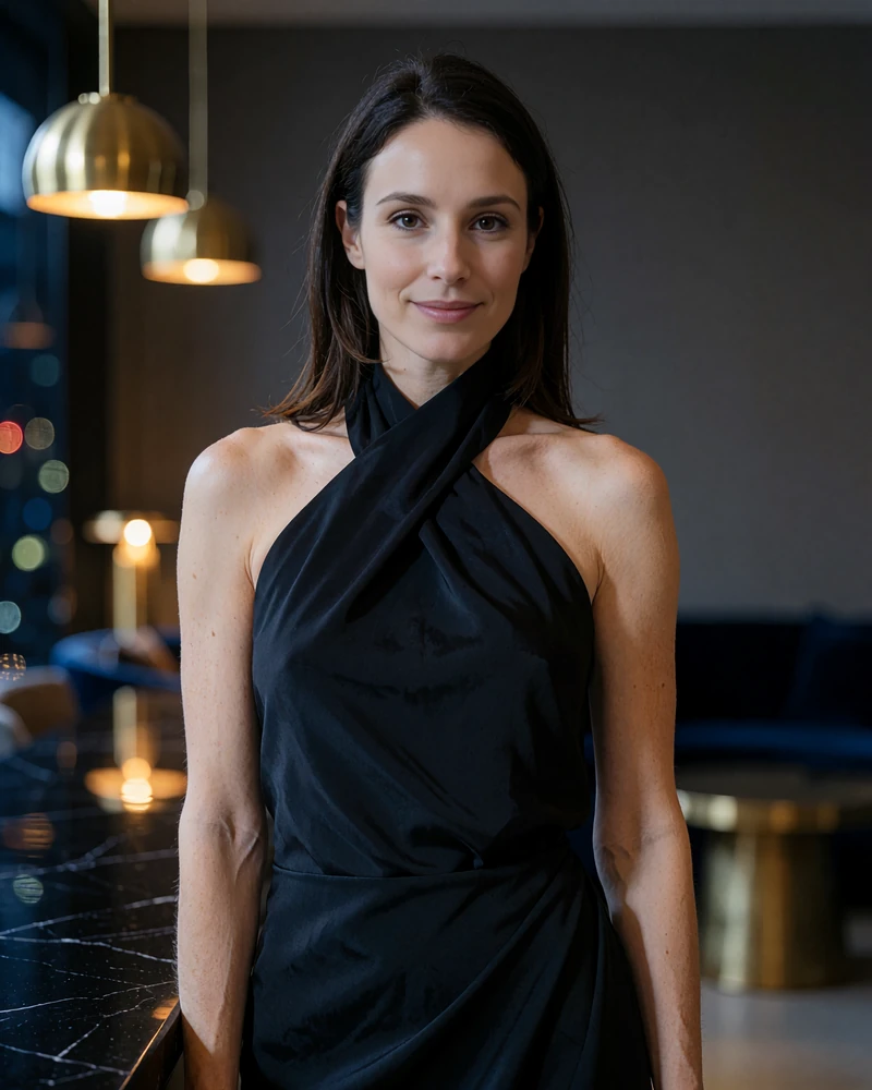 Woman with sleek dark brown hair in a black halter dress standing in an upscale Midtown Houston lounge