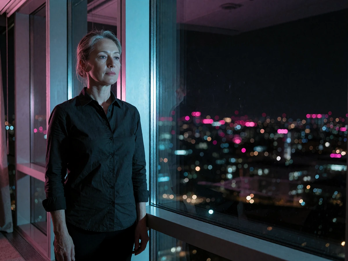 Elegant woman in a dark shirt standing beside a night window with cyan and magenta city lights beyond the glass