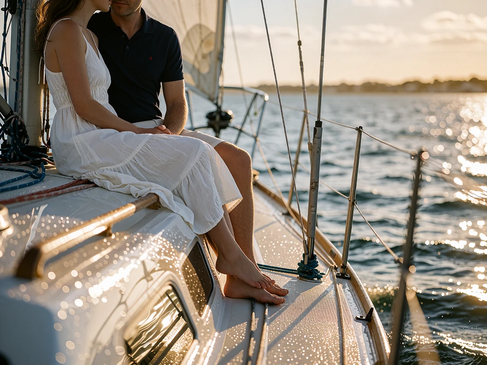 Couple relaxing on the cockpit bench of a sailboat on Tampa Bay in late afternoon light